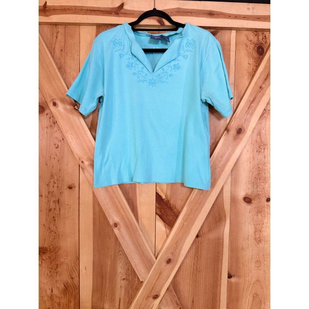Vintage 90s Aqua Blue 100% Cotton Embroidered Womens XL V-Neck Top Cottagecore